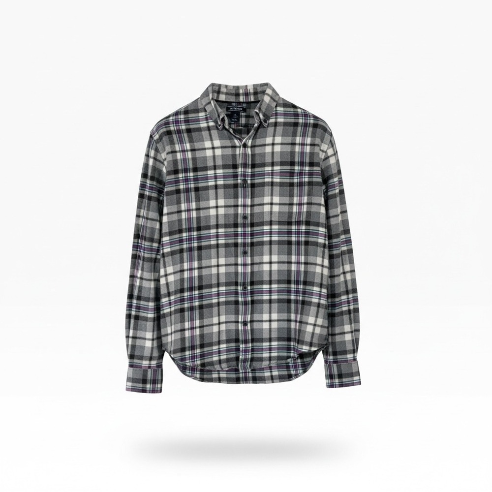 Lands End Mens Gray Plaid Flannel Shirt Tailored Fit Cotton Button Down Large